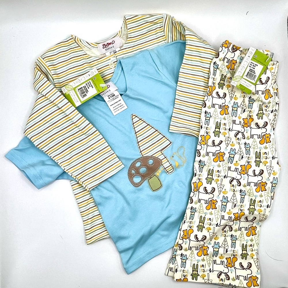 Zutano NWT Size 6-12 months Blue and cream Kids Set with Mushroom Design